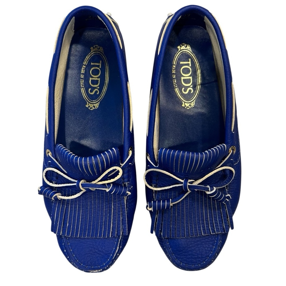 TOD'S Bubble Gommino Loafer Moccasin Italian Leather Fringe Blue Women's Size 39 - Picture 3 of 17